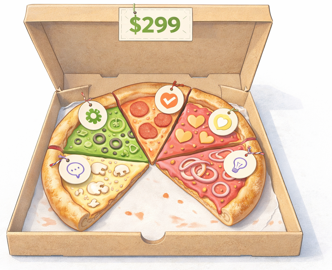 Pizza box with five slices representing client installations, priced at $299