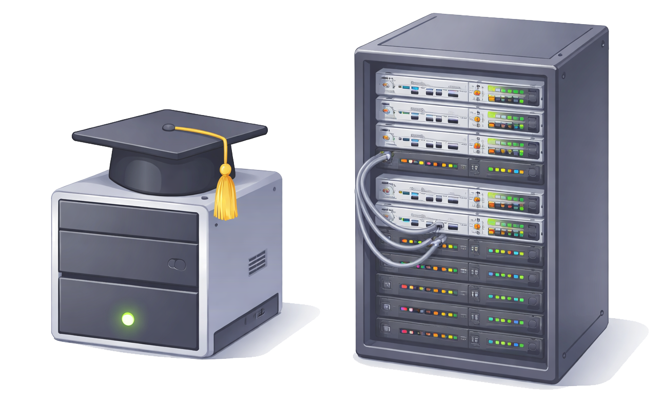 A small server with a graduation cap next to a full enterprise rack server