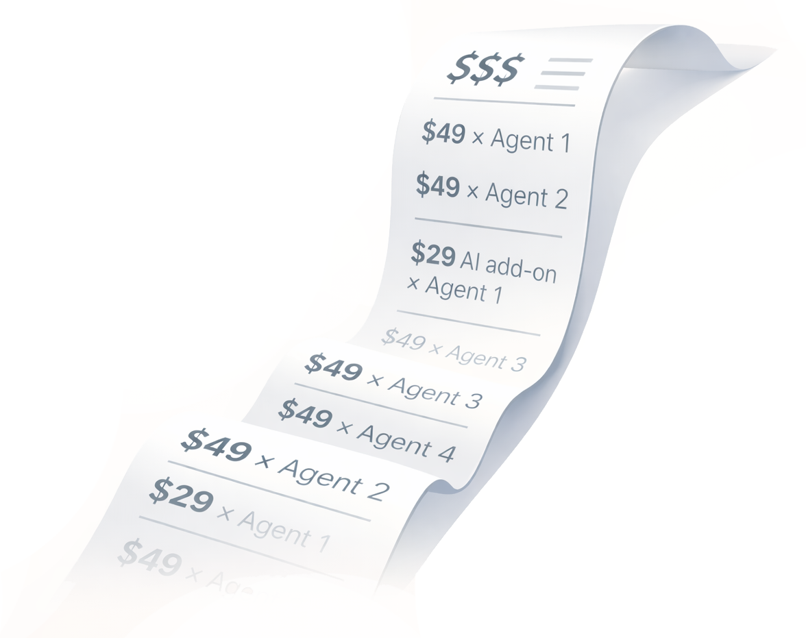 A comically long receipt showing per-agent charges adding up