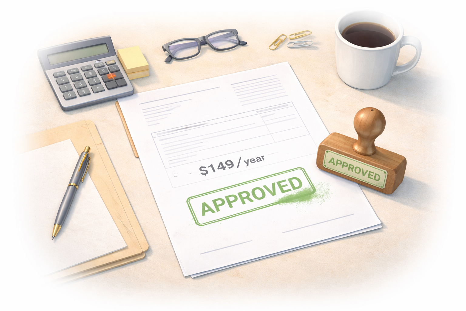 Procurement document showing $149/year stamped Approved on a government desk