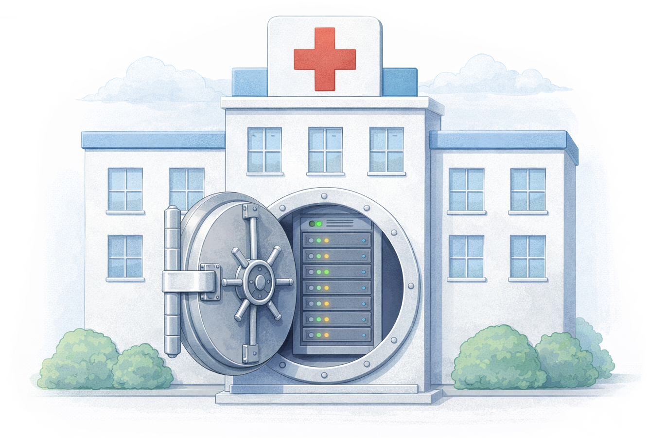 Hospital building with a server vault door, securing patient data on-premises