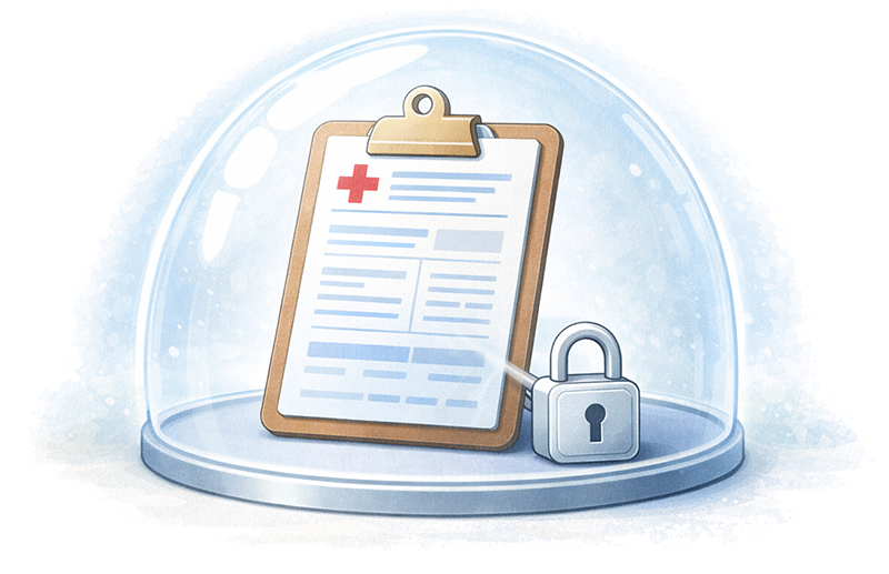 Medical clipboard protected under a glass dome with a lock