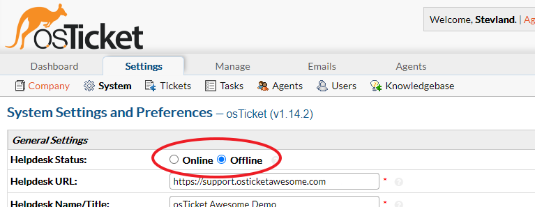 osTicket settings showing offline mode