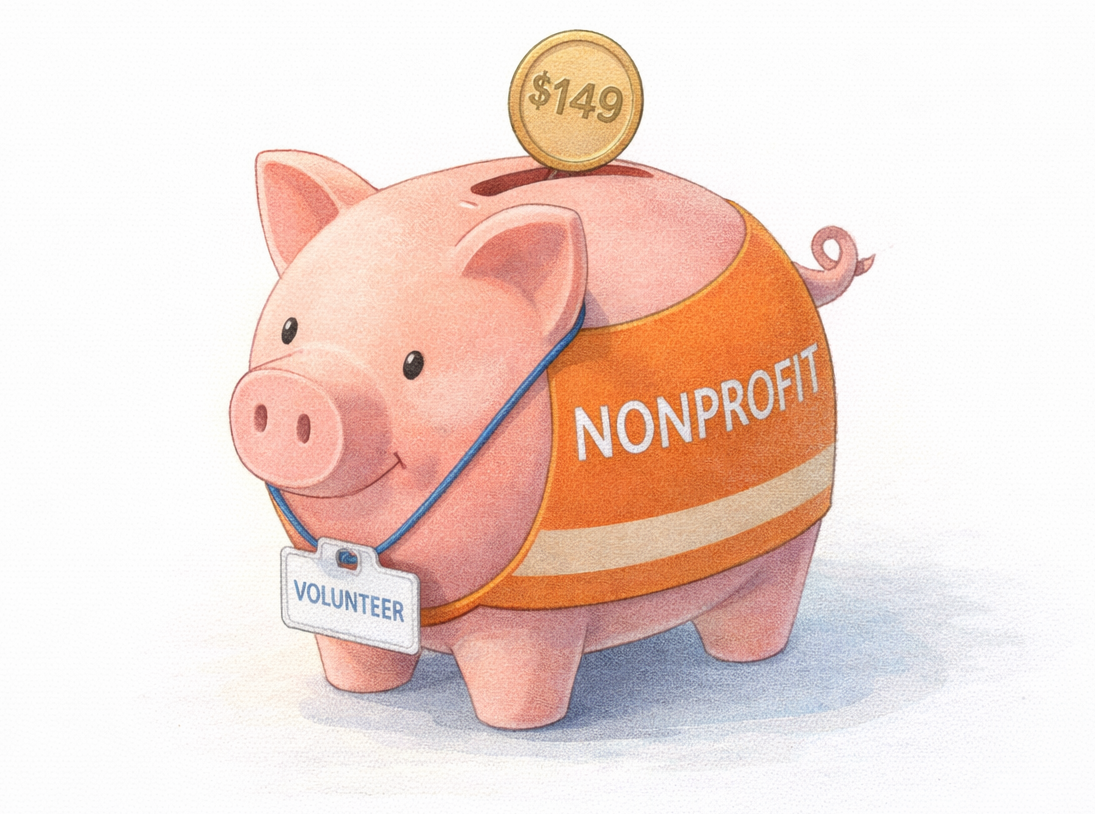 Piggy bank in a nonprofit vest with a volunteer badge, saving a $149 coin
