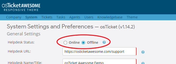 osTicket Awesome settings showing offline mode