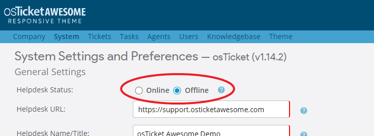 osTicket Awesome settings showing offline mode