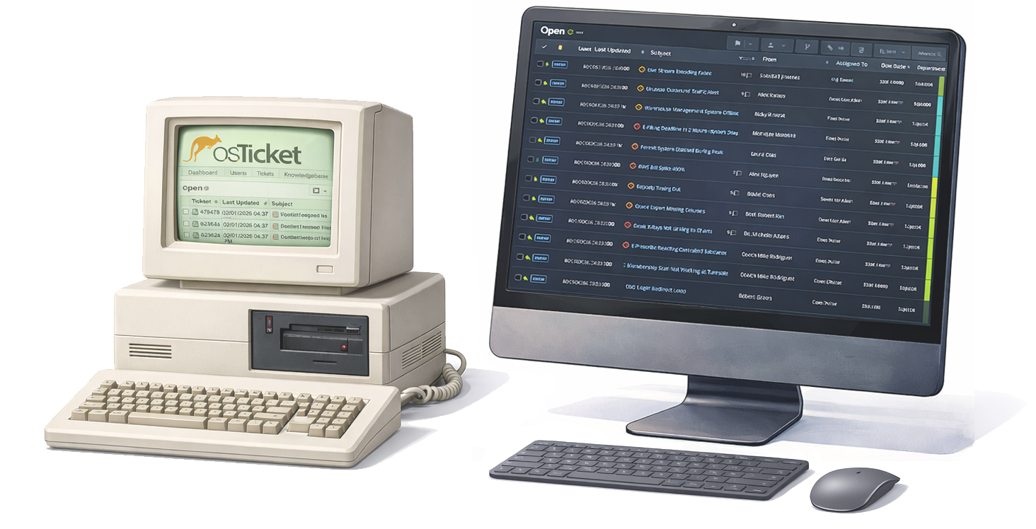 A beige retro computer showing vanilla osTicket next to a modern monitor showing osTicket Awesome in dark mode