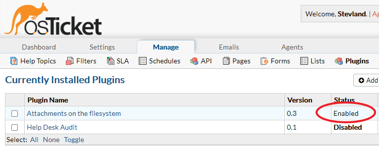 osTicket plugins page showing enabled plugins