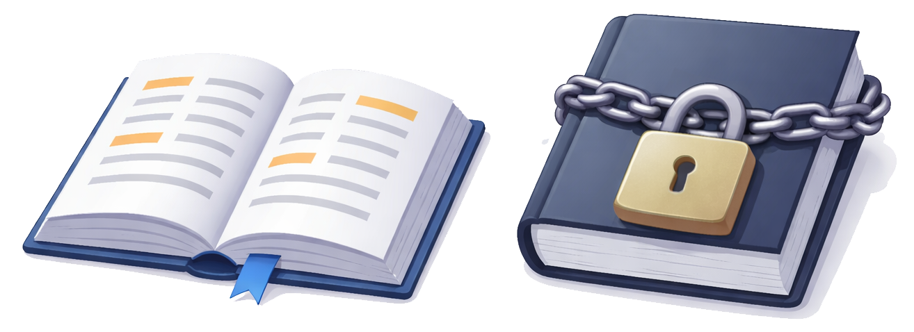 An open book next to a chained and padlocked book