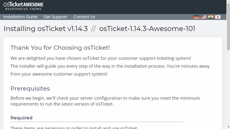 Web installer completing osTicket Awesome installation