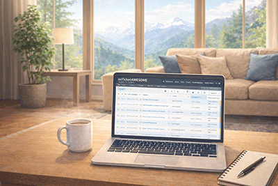 osTicket Awesome running on a laptop in a mountain home