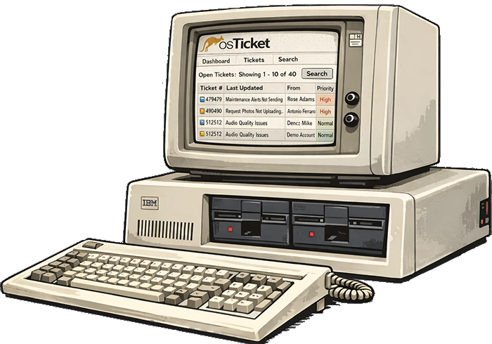 osTicket's interface on a vintage IBM PC