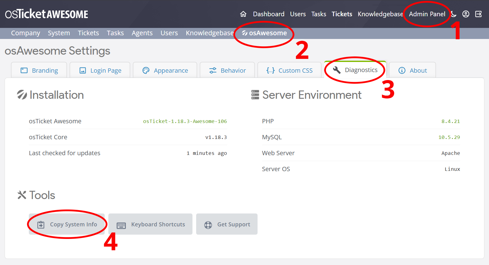 Admin Panel, osAwesome, Diagnostics, Copy System Info